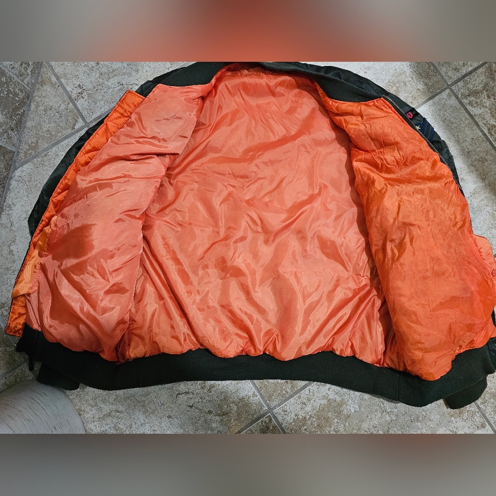 Phat Farm Mens 5XL Military Bomber Jacket Green Nylon Orange Liner Streetwear - Picture 4 of 7